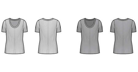 Ribbed scoop neck knit sweater technical fashion illustration with short rib sleeves, oversized body tunic length. Flat outwear apparel template front back white grey color. Women men unisex shirt topのイラスト素材