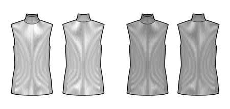 Turtleneck rib sweater technical fashion illustration with oversized tunic length body, sleeveless jumper. Flat shirt apparel template front, back, white grey color. Women, men unisex top CAD mockupのイラスト素材