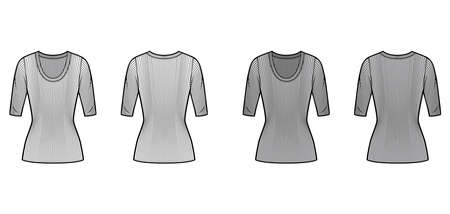 Ribbed scoop neck knit sweater technical fashion illustration with elbow sleeves, close-fitting shape, tunic length. Flat outwear apparel template front back white grey color. Women men unisex top CADのイラスト素材