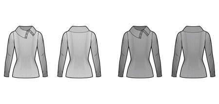 Wide button-up turtleneck ribbed-knit sweater technical fashion illustration with long sleeves, tunic length. Flat sweater apparel template front back white grey color. Women men unisex shirt top CADのイラスト素材