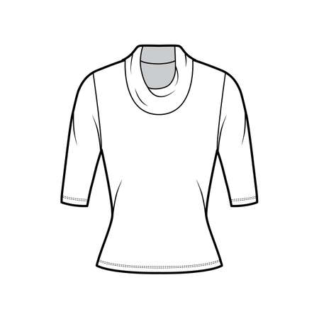 Cowl turtleneck jersey sweater technical fashion illustration with elbow sleeves, close-fitting shape. Flat outwear apparel template front, white color. Women, men unisex shirt top CAD mockupのイラスト素材