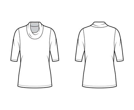 Cowl turtleneck jersey sweater technical fashion illustration with elbow sleeves, oversized body, tunic length. Flat outwear apparel template front back white color. Women, men unisex shirt CAD mockupのイラスト素材