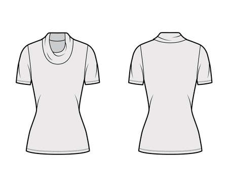 Cowl turtleneck jersey sweater technical fashion illustration with short sleeves, tunic length. Flat outwear apparel template front, back grey color. Women, men, unisex t-shirt top CAD mockupのイラスト素材
