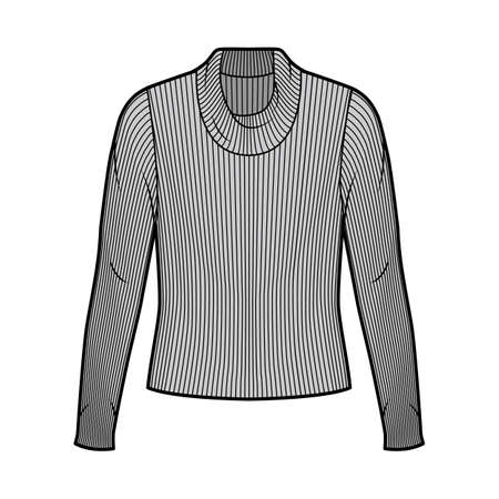 Ribbed cowl turtleneck knit sweater technical fashion illustration with long sleeves, oversized body. Flat sweater apparel template front grey color. Women men unisex shirt top CAD mockupのイラスト素材