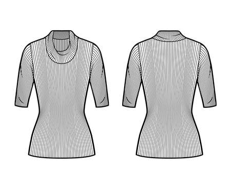 Ribbed cowl turtleneck knit sweater technical fashion illustration with elbow sleeves, close-fitting shape, tunic length. Flat sweater apparel template front back white color. Women men unisex top CADのイラスト素材