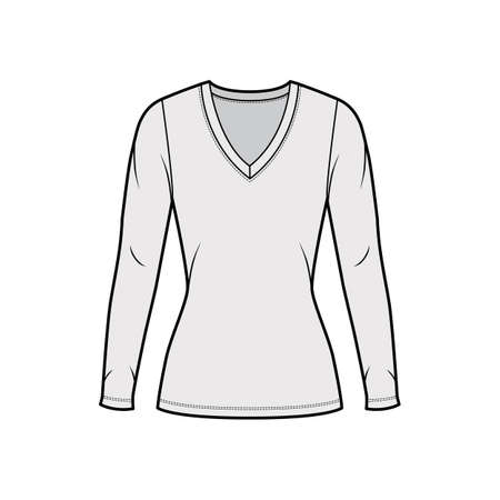 Deep V-neck jersey sweater technical fashion illustration with long sleeves, close-fitting shape tunic length. Flat shirt apparel template front grey color. Women men unisex outfit top CAD mockupのイラスト素材
