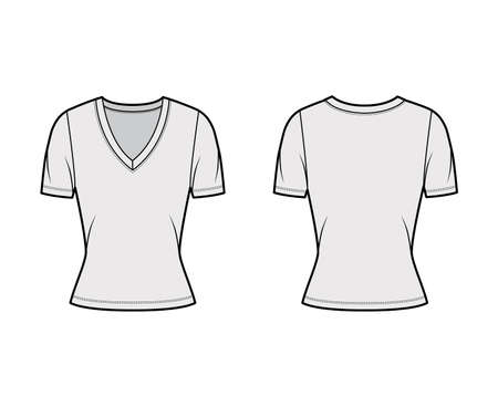 Deep V-neck jersey t-shirt technical fashion illustration with short sleeves, close-fitting shape. Flat top apparel template front, back grey color. Women, men, unisex outfit CAD mockupのイラスト素材
