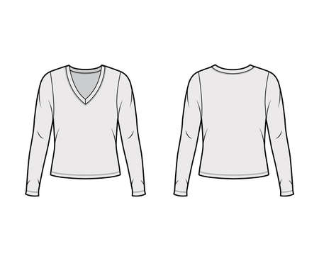 Deep V-neck jersey sweater technical fashion illustration with long sleeves, oversized body. Flat shirt apparel template front, back, grey color. Women, men, unisex outfit top CAD mockupのイラスト素材