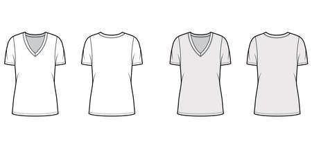 Deep V-neck jersey t-shirt technical fashion illustration with short sleeves, oversized body, tunic length. Flat top apparel template front, back, white grey color. Women, men unisex outfit CAD mockupのイラスト素材