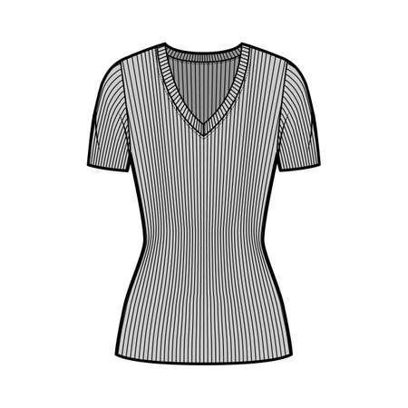 Ribbed V-neck knit sweater technical fashion illustration with short rib sleeves, tunic length. Flat outwear apparel template front, grey color. Women, men, unisex shirt top CAD mockupのイラスト素材