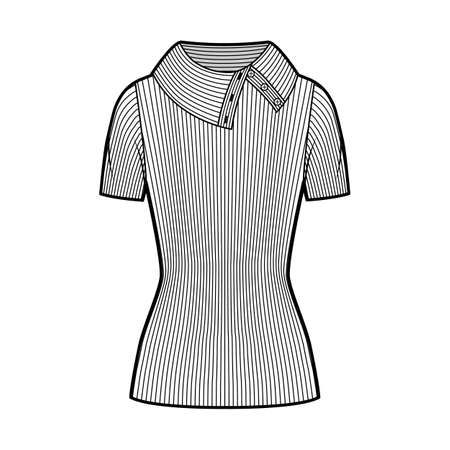Wide button-up turtleneck ribbed-knit sweater technical fashion illustration with short rib sleeves, tunic length. Flat sweater apparel template front, white color. Women, men, unisex shirt top CADのイラスト素材
