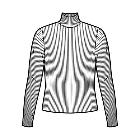 Turtleneck ribbed-knit sweater technical fashion illustration with long sleeves, oversized body. Flat sweater apparel template front white color. Women men unisex shirt top CAD mockupのイラスト素材