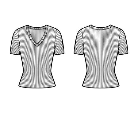 Ribbed V-neck knit sweater technical fashion illustration with short rib sleeves, close-fitting shape. Flat outwear apparel template front, back white color. Women, men, unisex shirt top CAD mockupのイラスト素材