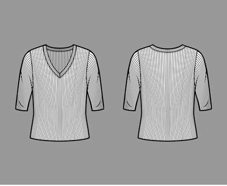 Ribbed V-neck knit sweater technical fashion illustration with elbow sleeves, oversized body. Flat outwear apparel template front, back white color. Women, men unisex shirt top CAD mockupのイラスト素材
