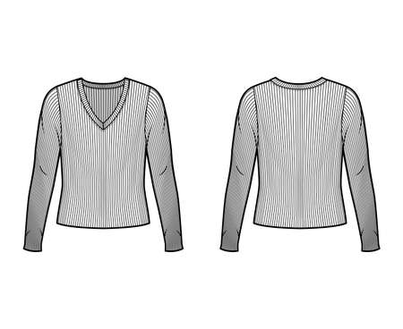 Ribbed V-neck knit sweater technical fashion illustration with long sleeves, oversized body. Flat outwear apparel template front back white color. Women men unisex shirt top CAD mockupのイラスト素材