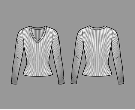 Ribbed V-neck knit sweater technical fashion illustration with long sleeves, close-fitting shape. Flat outwear apparel template front, back white color. Women men, unisex shirt top CAD mockupのイラスト素材