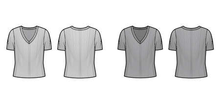 Ribbed V-neck knit sweater technical fashion illustration with short rib sleeves, oversized body. Flat outwear apparel template front, back white grey color. Women, men unisex shirt top CAD mockupのイラスト素材