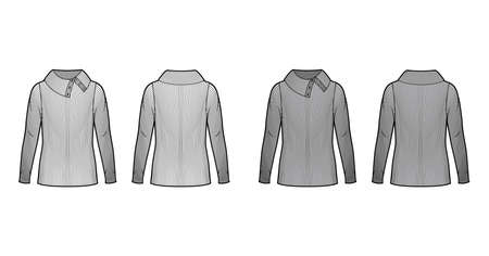 Wide button-up turtleneck ribbed-knit sweater technical fashion illustration with long sleeves oversized tunic length. Flat sweater apparel template front back white grey color. Women men unisex shirtのイラスト素材