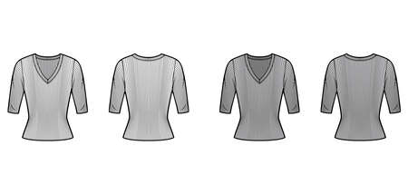 Ribbed V-neck knit sweater technical fashion illustration with elbow sleeves, close-fitting shape. Flat outwear apparel template front back white grey color. Women, men unisex shirt top CAD mockupのイラスト素材