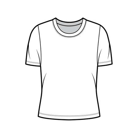 Crew neck jersey t-shirt technical fashion illustration with short sleeves, oversized body. Flat sweater apparel template front, white color. Women, men unisex outfit top CAD mockupのイラスト素材