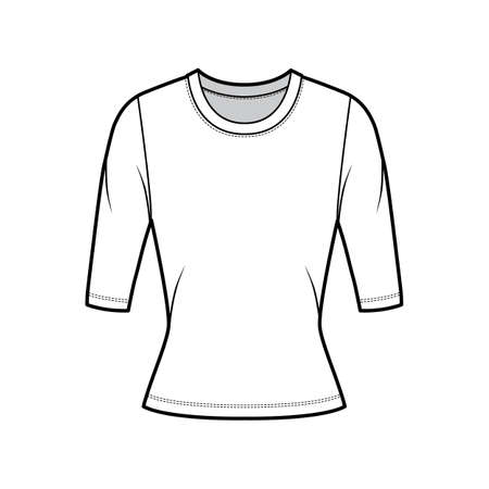 Crew neck jersey sweater technical fashion illustration with elbow sleeves, close-fitting shape. Flat outwear apparel template front white color. Women, men unisex shirt top CAD mockupのイラスト素材