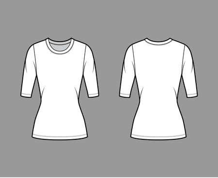 Crew neck jersey sweater technical fashion illustration with elbow sleeves, close-fitting shape, tunic length. Flat outwear apparel template front back white color. Women men unisex top CAD mockupのイラスト素材