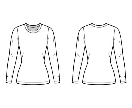 Crew neck jersey sweater technical fashion illustration with long sleeves, close-fitting shape tunic length. Flat outwear apparel template front back white color. Women men unisex shirt top CAD mockupのイラスト素材