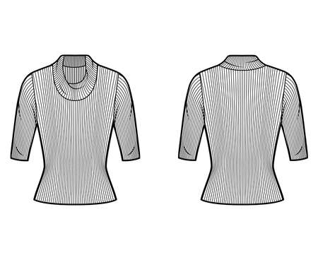 Ribbed cowl turtleneck knit sweater technical fashion illustration with elbow sleeves, close-fitting shape. Flat sweater apparel template front back white color. Women, men unisex shirt top CAD mockupのイラスト素材