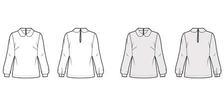 Round collar blouse technical fashion illustration with loose silhouette, long shirt sleeve, back button-fastening keyhole. Flat apparel template front back white grey color. Women, men unisex top CADのイラスト素材