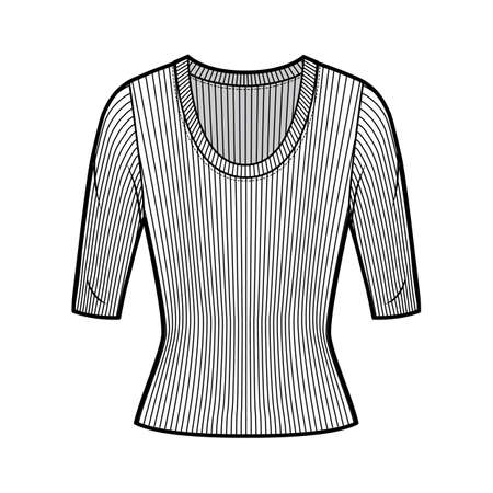 Ribbed scoop neck knit sweater technical fashion illustration with elbow sleeves, close-fitting shape. Flat outwear apparel template front white color. Women, men unisex shirt top CAD mockupのイラスト素材