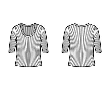 Ribbed scoop neck knit sweater technical fashion illustration with elbow sleeves, oversized body. Flat outwear apparel template front, back white color. Women, men unisex shirt top CAD mockupのイラスト素材