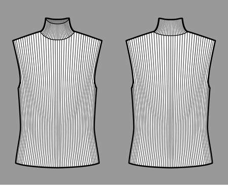 Turtleneck rib sweater technical fashion illustration with oversized body, sleeveless jumper. Flat shirt apparel template front, back, white color. Women, men unisex top CAD mockupのイラスト素材