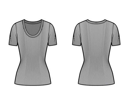 Ribbed scoop neck knit sweater technical fashion illustration with short rib sleeves, tunic length. Flat outwear apparel template front, back grey color. Women, men, unisex shirt top CAD mockupのイラスト素材
