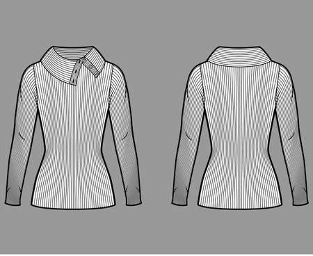 Wide button-up turtleneck ribbed-knit sweater technical fashion illustration with long sleeves, close shape, tunic length. Flat sweater apparel template front back white color. Women men unisex shirtのイラスト素材