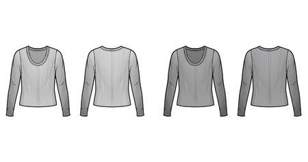 Ribbed scoop neck knit sweater technical fashion illustration with long sleeves, oversized body. Flat outwear apparel template front back white grey color. Women men unisex shirt top CAD mockupのイラスト素材