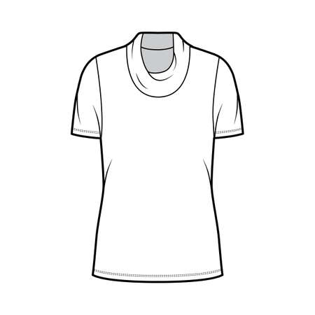 Cowl turtleneck jersey sweater technical fashion illustration with short sleeves, oversized body tunic length. Flat outwear apparel template front white color. Women men unisex shirt top CAD mockupのイラスト素材
