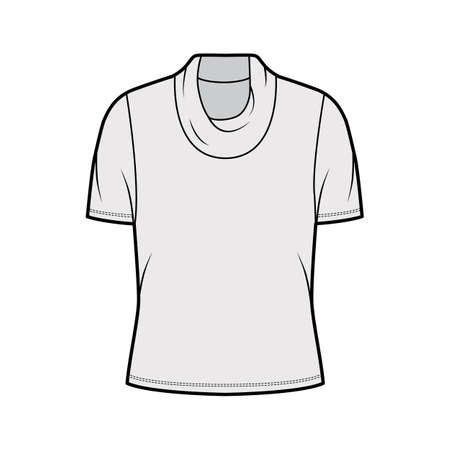 Cowl turtleneck jersey sweater technical fashion illustration with short sleeves, oversized body. Flat outwear apparel template front, grey color. Women, men unisex shirt top CAD mockupのイラスト素材