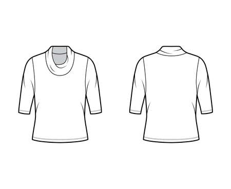 Cowl turtleneck jersey sweater technical fashion illustration with elbow sleeves, oversized body. Flat outwear apparel template front, back white color. Women men unisex shirt top CAD mockupのイラスト素材