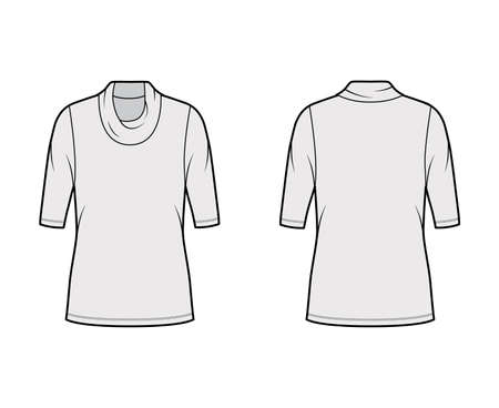 Cowl turtleneck jersey sweater technical fashion illustration with elbow sleeves, oversized body, tunic length. Flat outwear apparel template front, back grey color. Women, men unisex shirt CAD mockupのイラスト素材