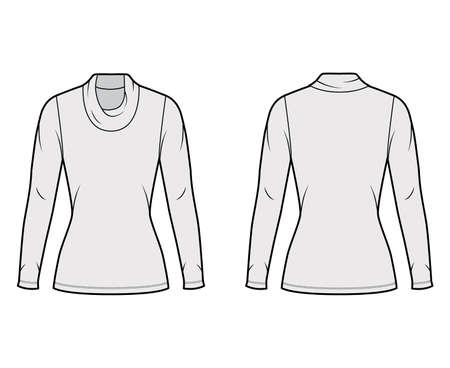 Cowl turtleneck jersey sweater technical fashion illustration with long sleeves, close shape, tunic length. Flat outwear apparel template front back white color. Women men unisex shirt top CAD mockupのイラスト素材