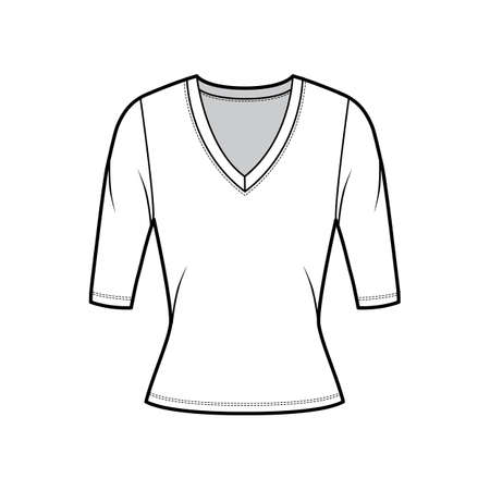 Deep V-neck jersey sweater technical fashion illustration with elbow sleeves, close-fitting shape. Flat shirt apparel template front, white color. Women, men, unisex outfit top CAD mockupのイラスト素材