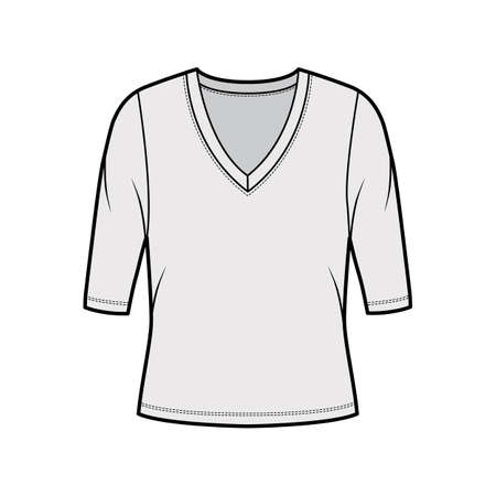 Deep V-neck jersey sweater technical fashion illustration with elbow sleeves, oversized body. Flat shirt apparel template front, grey color. Women, men unisex outfit top CAD mockupのイラスト素材