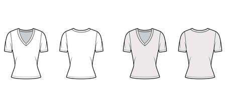 Deep V-neck jersey t-shirt technical fashion illustration with short sleeves, close-fitting shape. Flat top apparel template front, back white grey color. Women, men, unisex outfit CAD mockupのイラスト素材