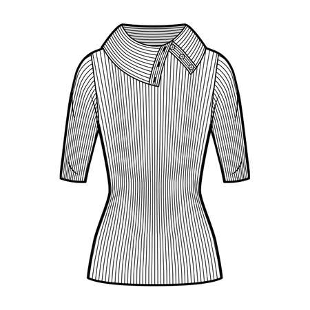 Wide button-up turtleneck ribbed-knit sweater technical fashion illustration with elbow sleeves, close-fitting shape, tunic length. Flat sweater apparel template front, white color. Women men unisexのイラスト素材