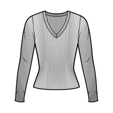 Ribbed V-neck knit sweater technical fashion illustration with long sleeves, close-fitting shape. Flat outwear apparel template front, white color. Women men, unisex shirt top CAD mockupのイラスト素材