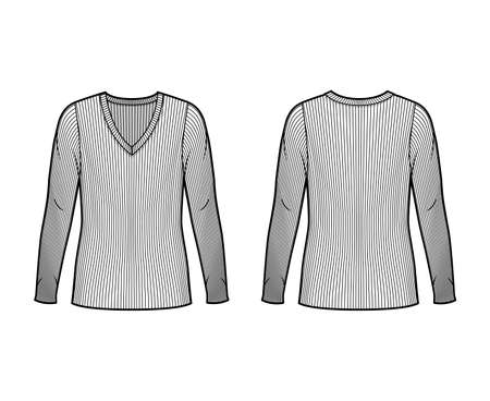 Ribbed V-neck knit sweater technical fashion illustration with long sleeves, oversized body, tunic length. Flat outwear apparel template front back white color. Women men unisex shirt top CAD mockupのイラスト素材