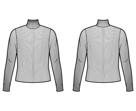 Turtleneck ribbed-knit sweater technical fashion illustration with long sleeves, oversized body. Flat sweater apparel template front back white color. Women men unisex shirt top CAD mockupのイラスト素材