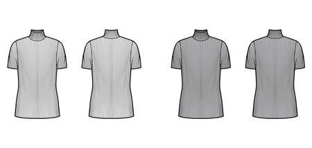 Turtleneck ribbed-knit sweater technical fashion illustration with short rib sleeves, oversized body tunic length. Flat sweater apparel template front back white grey color. Women men unisex shirt topのイラスト素材