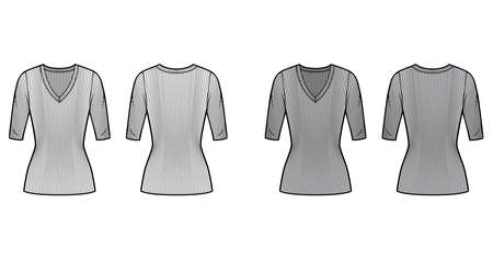 Ribbed V-neck knit sweater technical fashion illustration with elbow sleeves, close-fitting shape, tunic length. Flat outwear apparel template front back white grey color. Women men unisex top mockupのイラスト素材
