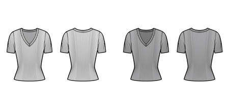 Ribbed V-neck knit sweater technical fashion illustration with short rib sleeves, close-fitting shape. Flat outwear apparel template front, back white grey color. Women, men, unisex shirt top mockupのイラスト素材